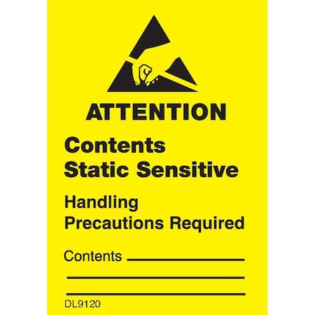 Decker Tape Products Label, DL9120 , ATTENTION CONTENTS STATIC SENSITIVE , 1-3/4" X 2-1/2" DL9120
